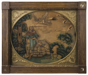 A Georgian religious silk work embroidery in original gilt frame, circa 1810, 46 x 54cm overall