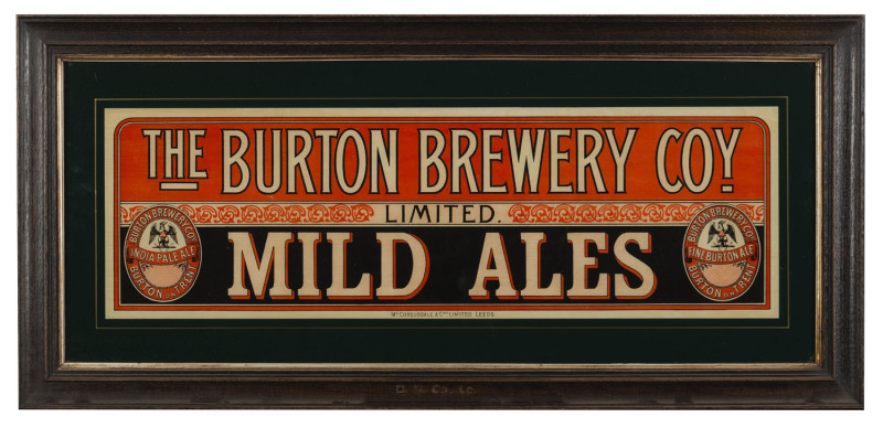 "THE BURTON BREWERY Coy. MILD ALES" colour lithograph point of sale advertising, early 20th century, original timber frame with gilt slip, ​37 x 79cm overall