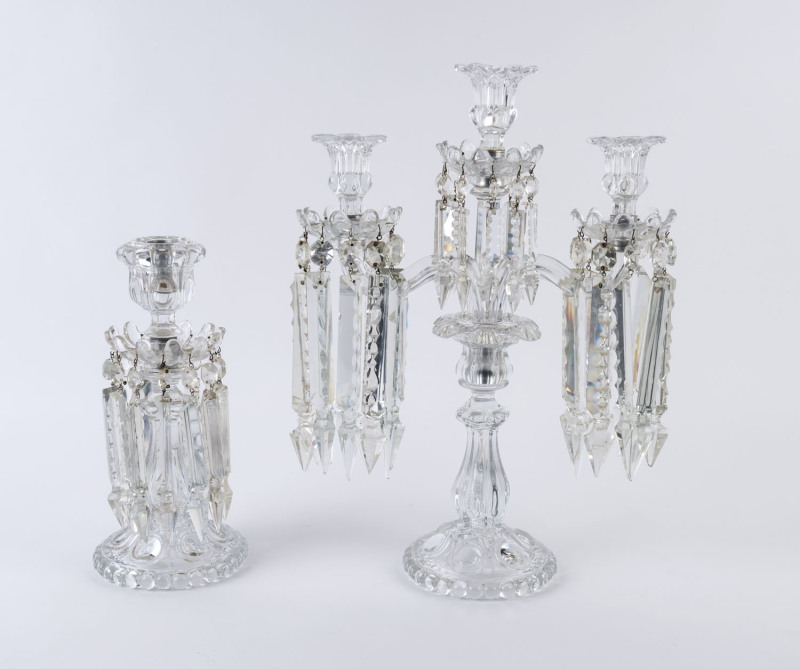 BACCARAT French three branch candelabra and candlestick, pressed glass with crystal lustre drops, 19th century, 45cm and 30cm high