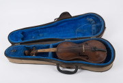 Violin (1/2 size, body length 31cm) marked Richard Eglington (Lambeth) on reverse, needs to be restrung and fingerboard detached, without bow but comes with lined case (zipper broken); circa 1940s; total size 53x17cm, case 70x23cm. - 2