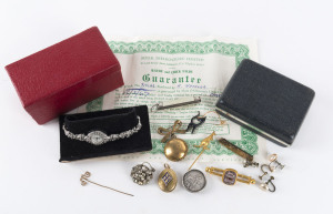 Balance of jewellery estate with Swiss made "Cordial" 17 jewel ladies wrist watch (with 1967 Myer guarantee & box), also kangaroo tiepin, gold-plated locket, gold bar brooch, gold brooch with amethyst setting, penknife, pearl stud earrings, etc. (12 items)
