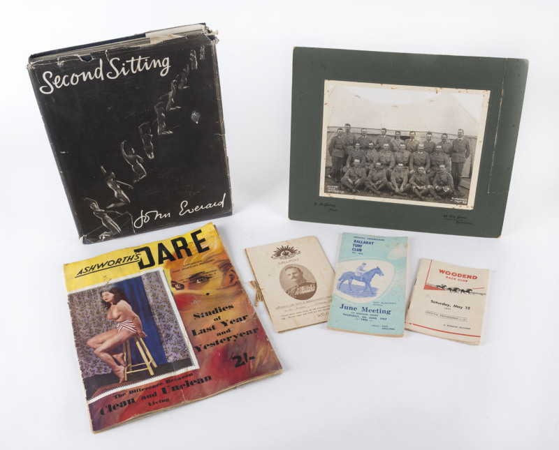 ASSORTMENT OF ITEMS: with photographs incl. "Officers Mess, 17th Regt, Burrumbeet Camp 1913", 1909 Western Victoria Floods images, album showing warships, rural & family scenes, 1915 General Birdwood Xmas card plus other PPCs and vintage greetings cards;