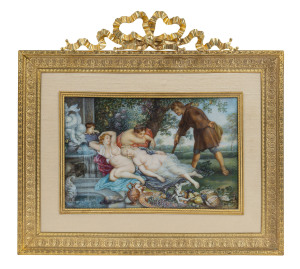 (After) PETER PAUL RUBENS, Cimon and Efigenia, late 18th early 19th century painting, signed lower right "T. Stadler", fine French gilt ormolu frame, titled on reverse "Cimon und Efigenia, (Rubens)", image size 12 x 19cm, frame 27 x 28.5cm