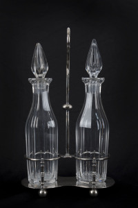 An English silver plated decanter stand with two crystal decanters, 19th century, 36.5cm high