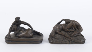 After JEF LAMBEAUX (Belgium, 1852-1908), two erotic bronze sculptures, signed J.M. Lambeaux, 12cm across