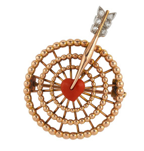 CARTIER vintage brooch, 9ct rose gold spider web with coral heart being pierced by a rose gold arrow set with six white diamonds in platinum mount, circa 1930s, stamped "Cartier, France, 9kts," serial no. 3/992, ​4.25cm across, 9.3 grams