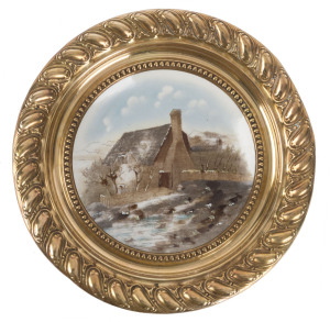 A Continental porcelain wall plaque in embossed brass frame, late 19th, early 20th century, 32cm across