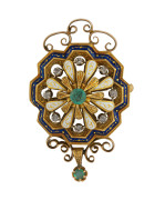 A fine French 18ct gold and enamel brooch set with diamonds and emeralds, 19th century, stamped "750", 5cm high, 16.5 grams