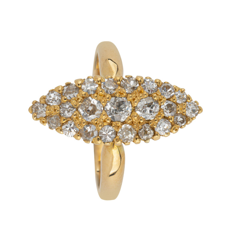 A yellow gold ring with almond shaped pave setting containing diamonds, late 19th early 20th century, 