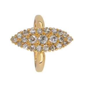 A yellow gold ring with almond shaped pave setting containing diamonds, late 19th early 20th century,
