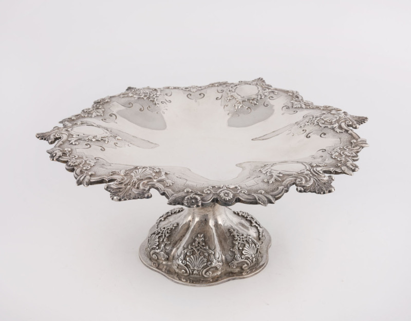 An English sterling silver tazza by Daniel & Charles Houle of London, circa 1851, engraved on underside "WHISTLER facit, 11 STRAND, LONDON", 13cm high, 30.5cm across, 980 grams