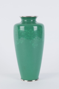 ANDO Japanese wireless green cloisonne vase with silver finished rim, 20th century, Ando mark to base and with spruce box, 25.5cm high
