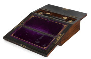 A fine English writing box, oak with brass mounts, interior sumptuously fitted in coromandel and purple velvet with gilded ink pots, circa 1860, 11.5cm high, 35.5cm wide, 25.5cm deep - 2