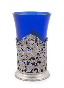 An antique silver mounted blue glass vase, 19th century, 15.5cm high overall, silver weight 155 grams