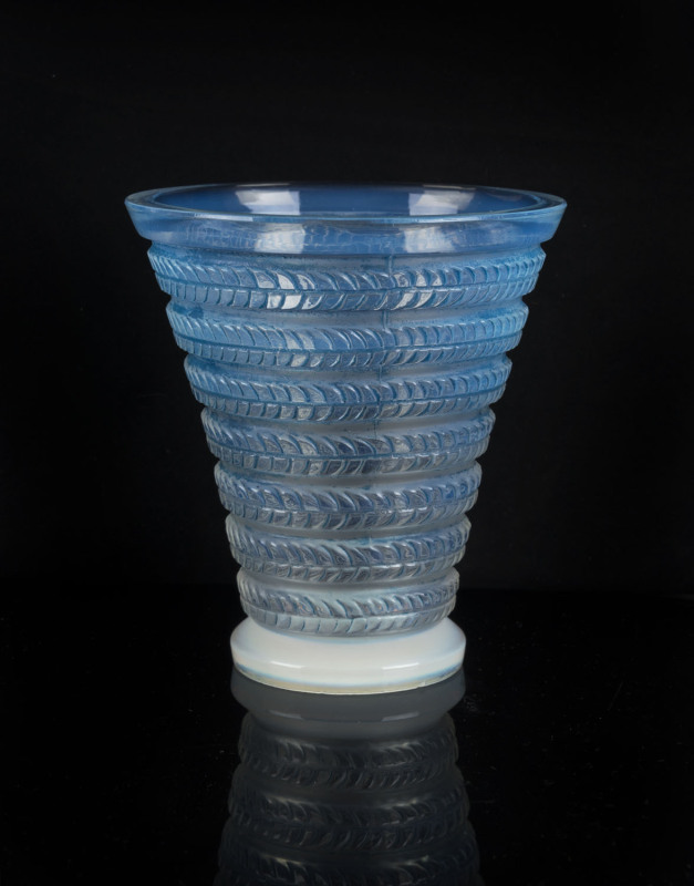 LALIQUE French Art Deco frost glass vase with blue stained finish, circs 1930 acid etched "R. Lalique, France", 13cm high