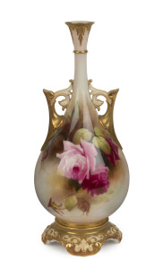 ROYAL WORCESTER English porcelain vase with rose decoration by Henry Martin, early 20th century, green factory mark stamped "Royal Worcester, England", 24.5cm high