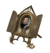 Miniature portrait of a boy in ornate gilt metal frame engraved "In Memory A.I.F.", 19th century, ​14cm high