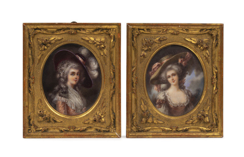 A pair of French miniature portraits of ladies signed R. Reynol, 19th century, in carved gilt wood frames, ​the frames 12 x 10cm overall