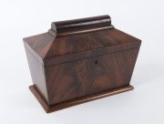 A Georgian mahogany sarcophagus shaped tea caddy, early 19th century, ​17.5cm high, 23cm wide, 13cm deep