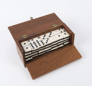 Set of Anglo-Indian dominoes, whalebone and ebony with silver rivets in folding teak box, 19th century, ​the box 8cm high, 19.5cm wide, 7.5cm deep