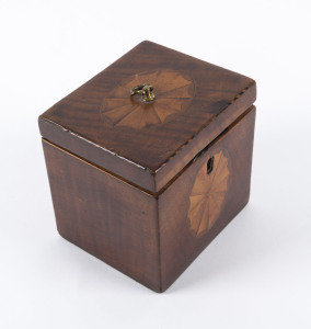 A Georgian mahogany tea caddy with satinwood marquetry decoration, circa 1800, 11cm high,11cm wide, 9cm deep