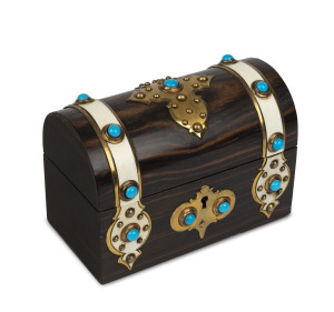 An antique English jewellery casket with domed top, coromandel and ivory with gilt metal mounts and rhinestone decoration, circa 1860, 11.5cm high, 17cm wide, 9cm deep