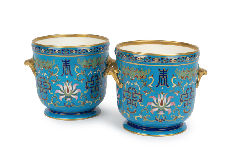 CHRISTOPHER DRESSER for MINTON pair of porcelain jardinieres, 19th century, ​17cm high, 21cm across the handles