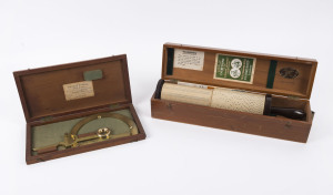 Antique English vernier protractor in mahogany case together with a Stanley spiral calculator in case, 19th and early 20th century, ​the cases 33cm and 46cm wide