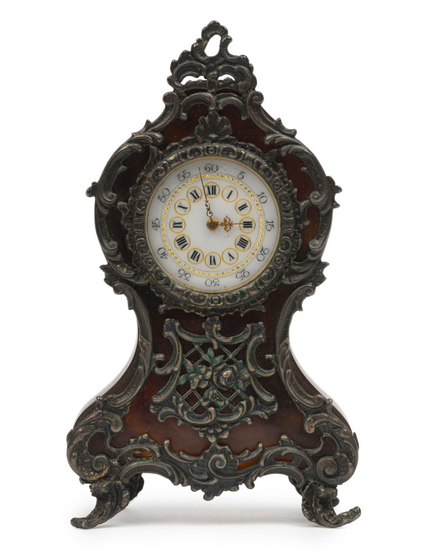 A fine French miniature clock, tortoiseshell and silver case, key wind with original key, 19th century, ​10cm high