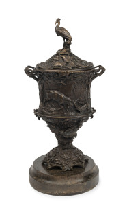 Pierre-Jules Mêne (French, 1810-1879), bronze urn on marble base, 19th century signed "P.J. Mêne", 43cm overall