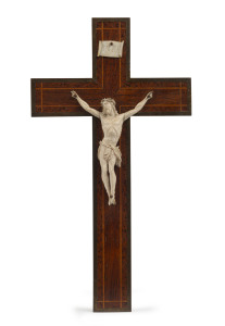 An antique French crucifix, amboyna, kingwood and satinwood with carved ivory figure, circa 1860, 35cm high