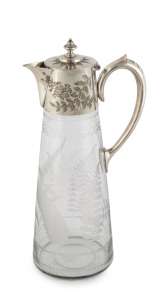 An antique claret jug, silver plate and glass with finely etched fern decoration, circa 1875, 30cm high