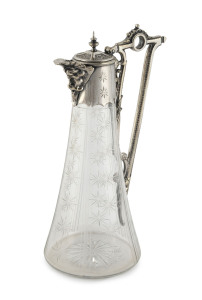 An antique English claret jug, engraved crystal with silver plated mounts, circa 1880, ​27cm high