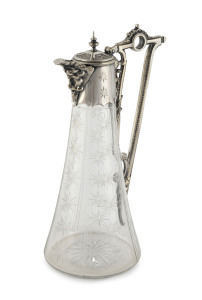 An antique English claret jug, engraved crystal with silver plated mounts, circa 1880, 27cm high