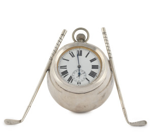 An English golf themed sterling silver table clock by Deakin & Francis of Birmingham, circa 1913, 12cm high