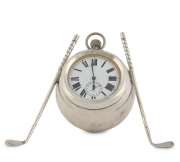 An English golf themed sterling silver table clock by Deakin & Francis of Birmingham, circa 1913, ​12cm high