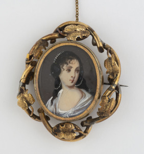 An antique portrait miniature brooch with hair lock back in pinchbeck frame, circa 1860s, 5cm high