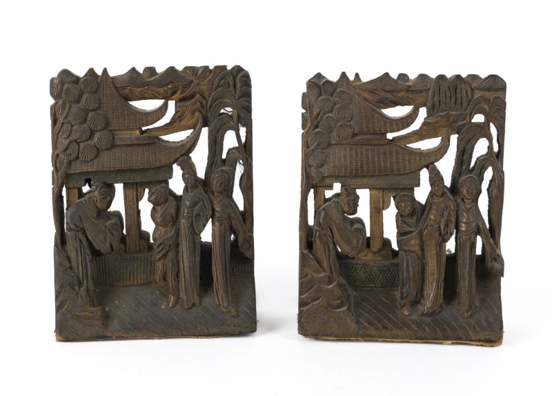 A pair of Chinese carved and gilded timber bookends, early 20th century, ​18cm high