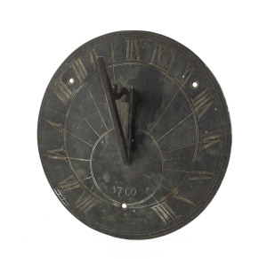 An antique bronze sundial engraved "SUNNY HOURS, 1700", ​25cm diameter