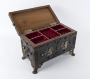 A Sino-Tibetan jewellery trunk, ebonised timber with copper and silver mounts set with semi-precious stones, interior fitted with velvet lined lift out trays, 20th century, ​27cm high, 41cm wide, 23cm deep - 2