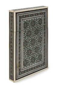 An Anglo-Indian card case, silver, bone and ebony inlay on sandalwood, early 19th century, 10.5cm high