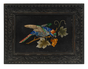 An Italian pietra dura inlaid stone panel in original carved timber frame, 19th century, 18 x 24cm overall