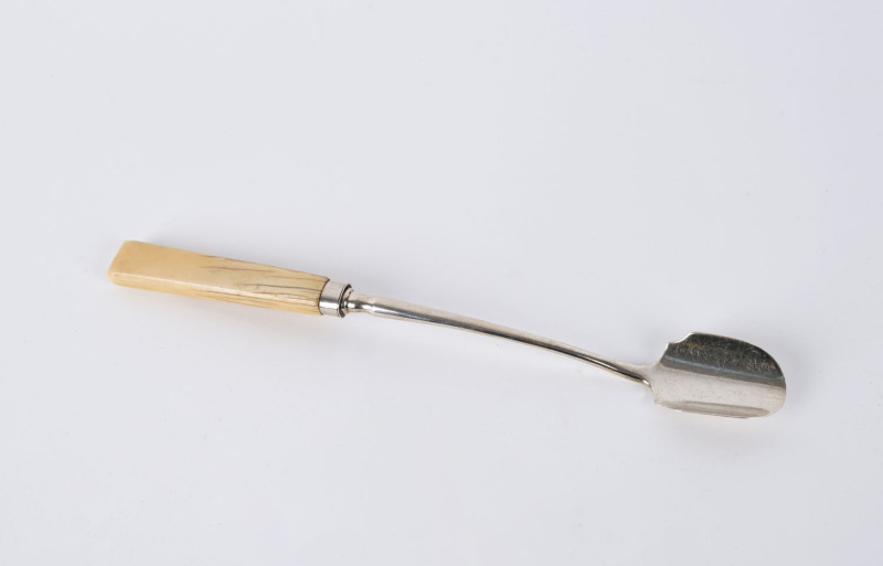 A Georgian sterling silver stilton scoop with bone handle, London, circa 1800, ​27cm long