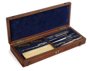 An antique draftsman's set in mahogany case with ivory rulers, ebony parallel rule, instruments and lift out tray, early 19th century, the case 36.5cm wide