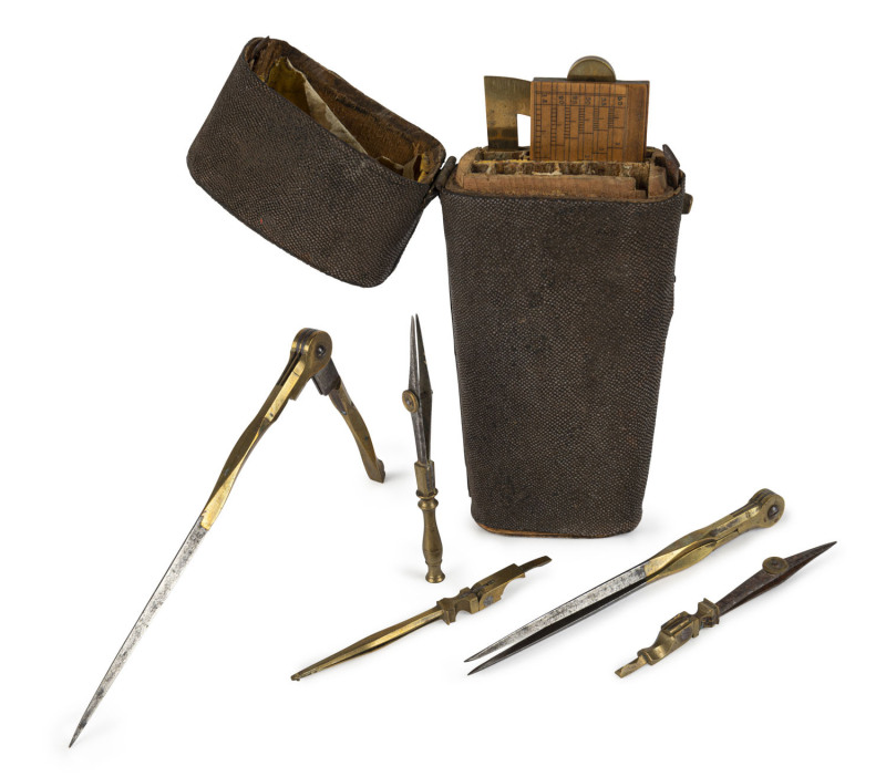 Antique English pocket surveyor's or draftsman's set in shagreen case, late 18th century, ​18cm high