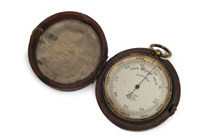 An English pocket barometer by J. Hicks of London in original leather case, 19th century, ​7cm high