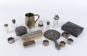 Assorted silver and silver plated vanity ware, napkin rings, white metal jewellery boxes and tankard, 19th and 20th century, (17 items), the tankard 13cm high