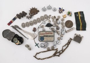 Assorted jewellery, military badges, buttons, ornaments, tins, thimbles etc, 19th and 20th century, (63 items),