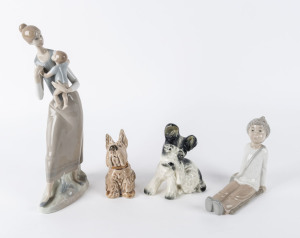 Lladro porcelain statue of mother and child, Nao porcelain statue of a boy, and two dog statues, 20th century, ​the tallest 34cm high