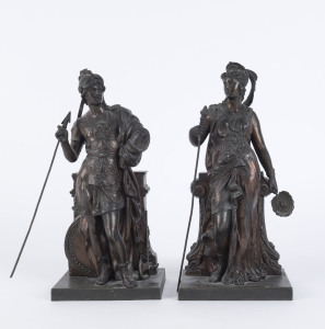 A pair of antique French spelter classical statues, 19th century, 32cm high